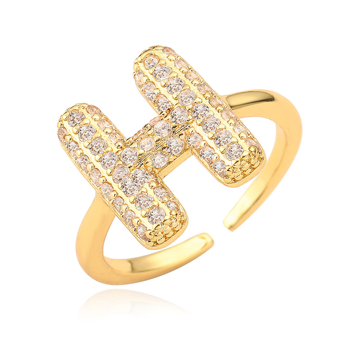 Anillo de cobre minimalista de forma geométrica con letras, chapado en oro de 18K y detalles de circonita para mujer