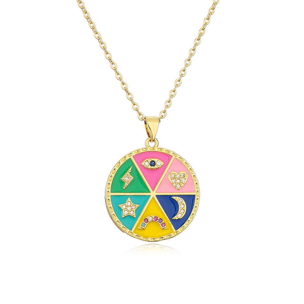 Bohemian Style Geometric Copper Pendant Necklace with Enamel Finish, Zircon-Set Eye and Star-Moon Motif
