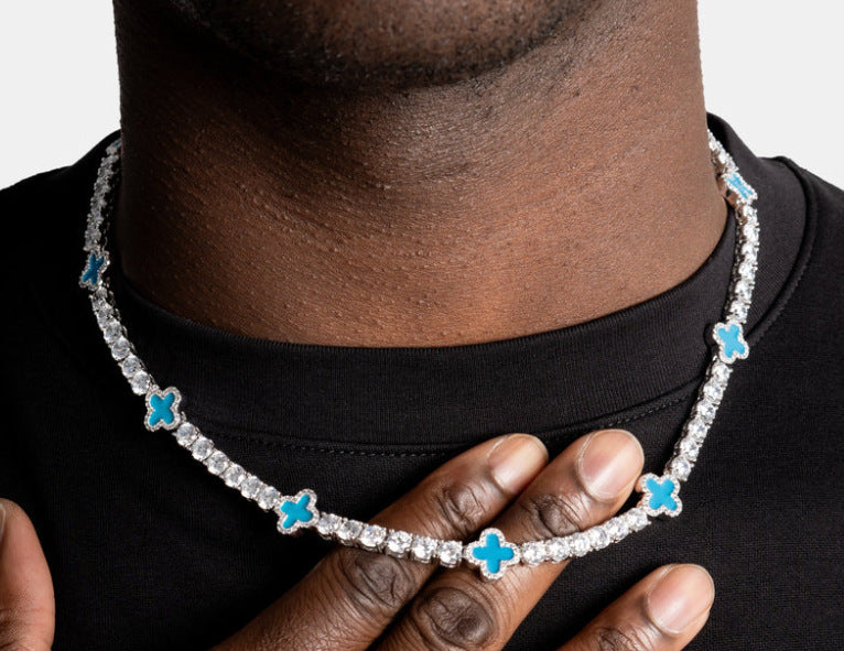 Four-Leaf Clover Rhinestone Inlay Brass Tennis Chain Necklace for Women