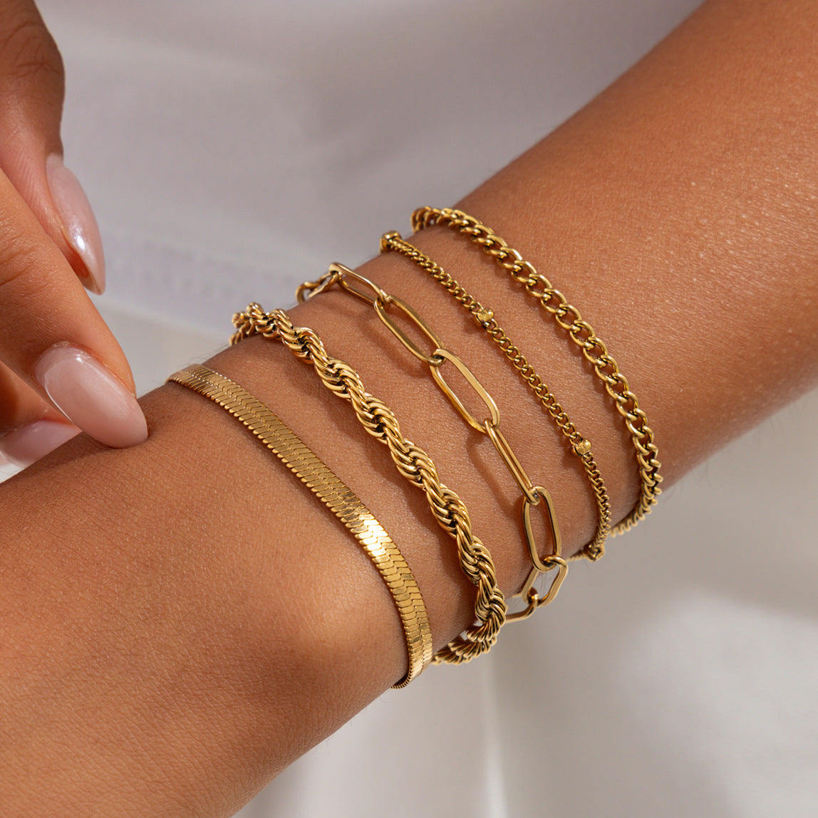 Hip-hop 18K Gold Plated Stainless Steel Geometric Rope Snake Chain Bracelet for Women