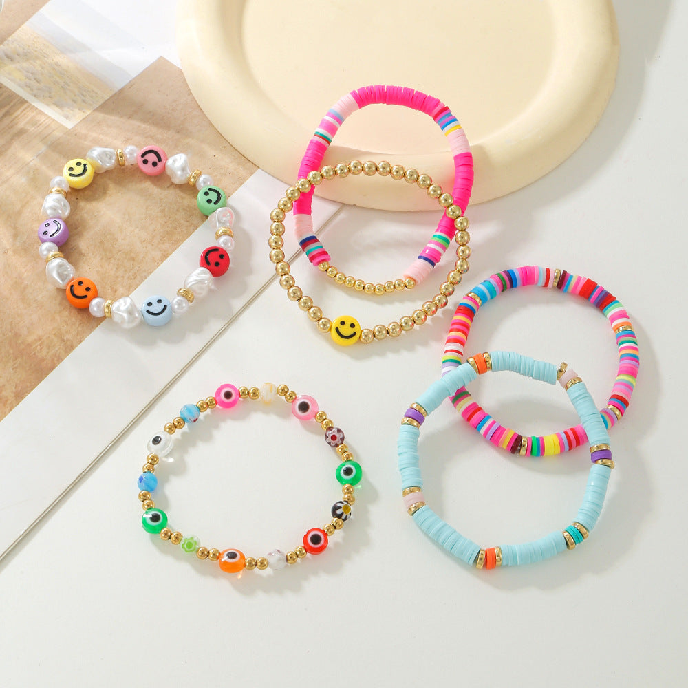 Sweet Color Block Resin Smiley Face Bracelet Set Geometric Round Design