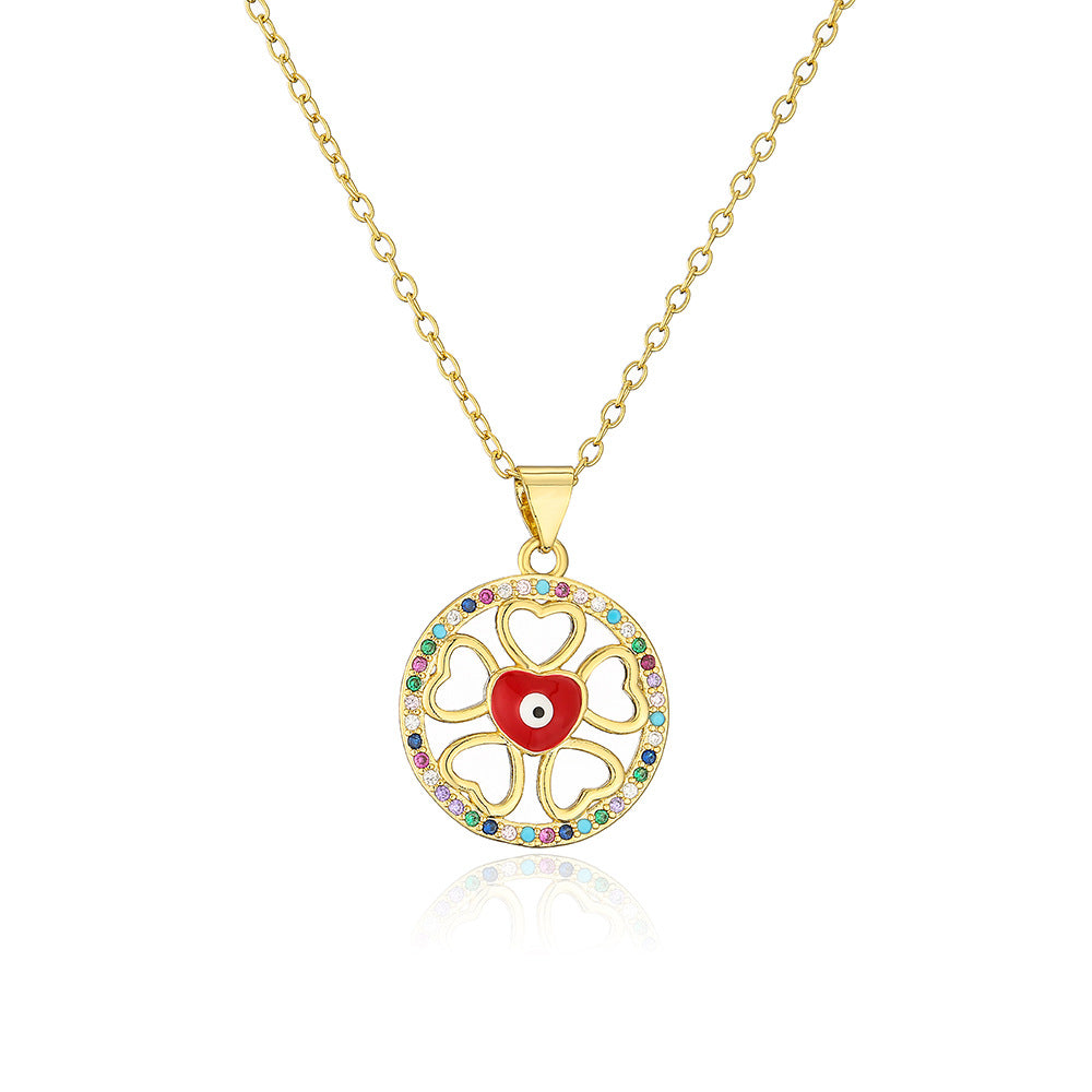 Bohemian Style Geometric Evil Eye Pendant Necklace in Copper with 18K Gold Plating and Enamel Finish, Set with Zircon
