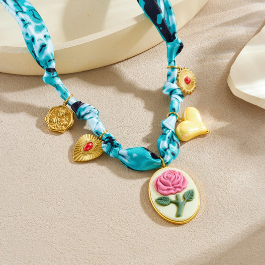 Blue Tie-Dye Fabric Gold Plated Heart Oval Floral Carved Pendant Necklace and Bracelet Set for Women