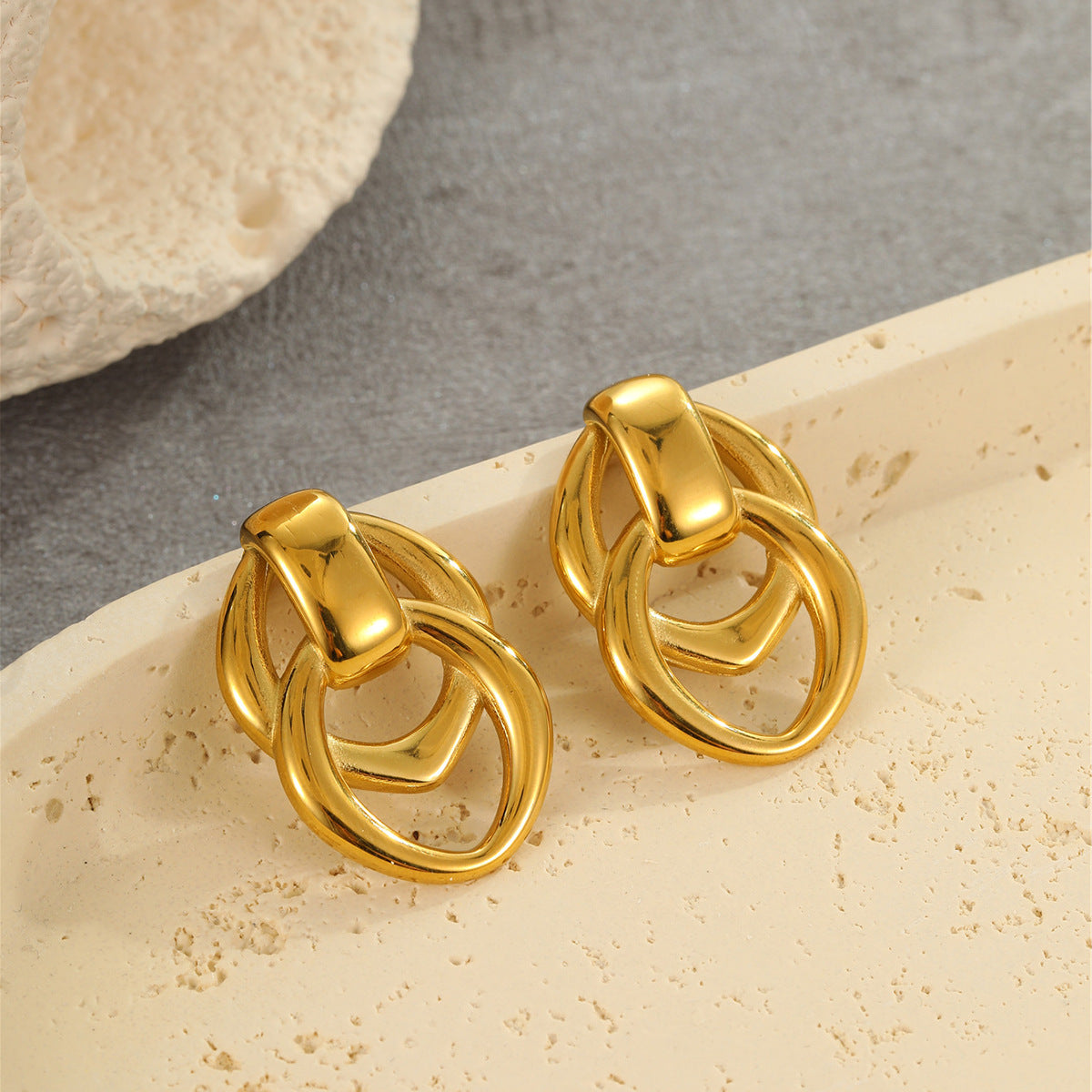 Orecchini a Cerchio Doppio Geometrici in Acciaio Inossidabile con Placcatura in Oro 18K da Donna, Gioielli Minimalisti per Orecchie Eleganti e da Ufficio