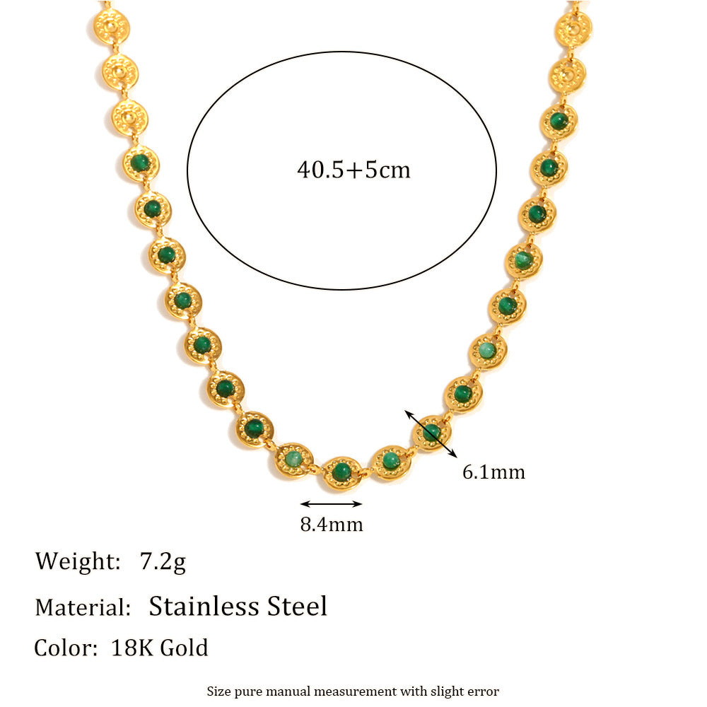 Vintage Chic Geometric Pendant Necklace for Women Stainless Steel with 18K Gold Plating and Green Stone Accent