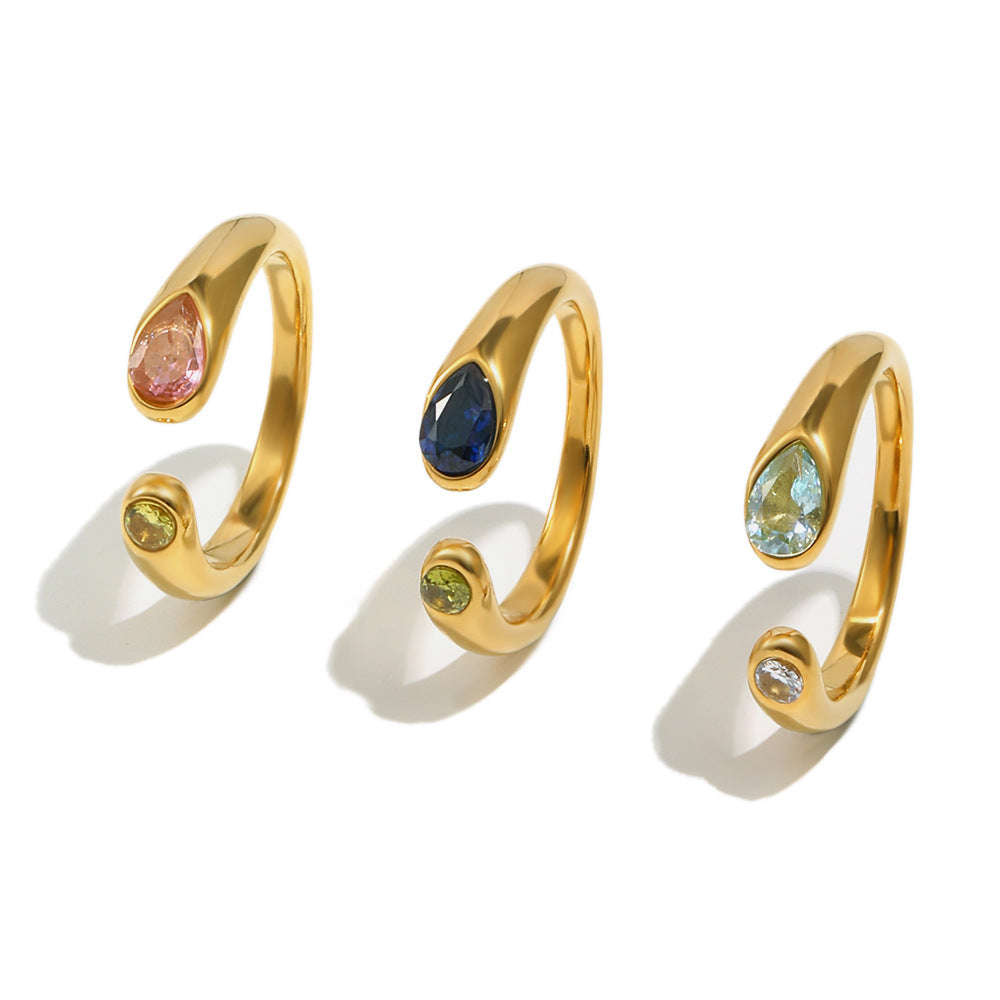 Anillo abierto minimalista de acero inoxidable chapado en oro de 18 quilates con diseño de cabeza de serpiente de circonita para mujer