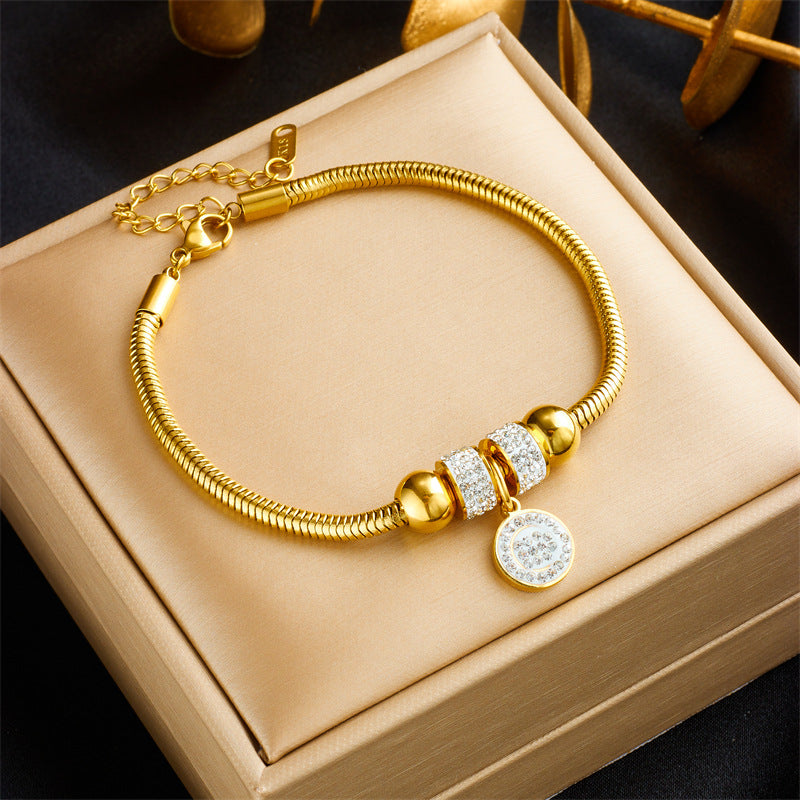 Fashionable Vintage Titanium Steel Beaded Round Pendant Bracelet with Rhinestone Inlay and Plated Finish