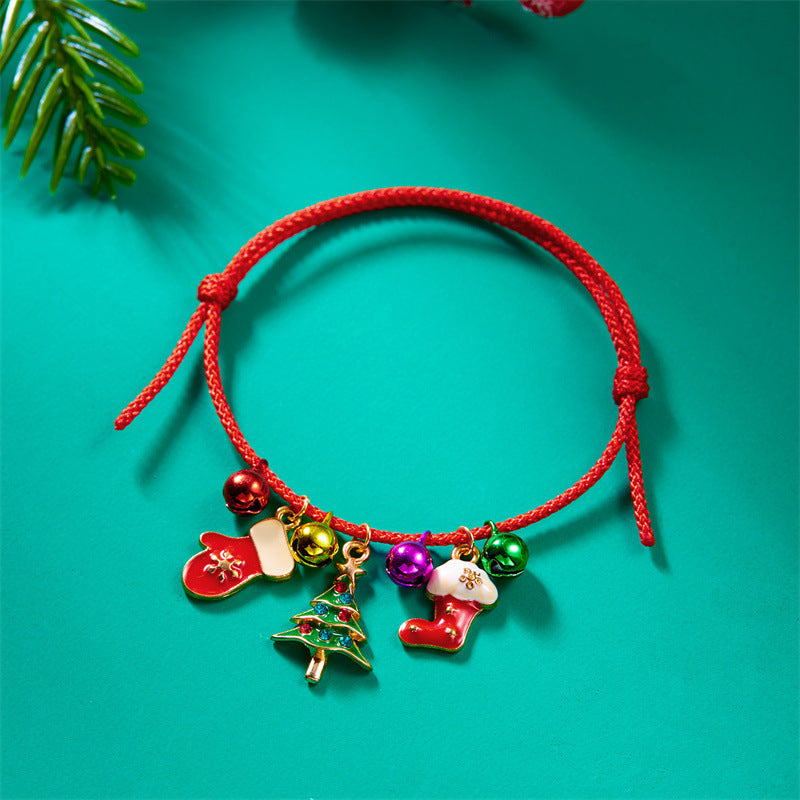 Pulsera trenzada navideña para mujer con colgante de Papá Noel y árbol de Navidad, joyería de aleación para regalo festivo