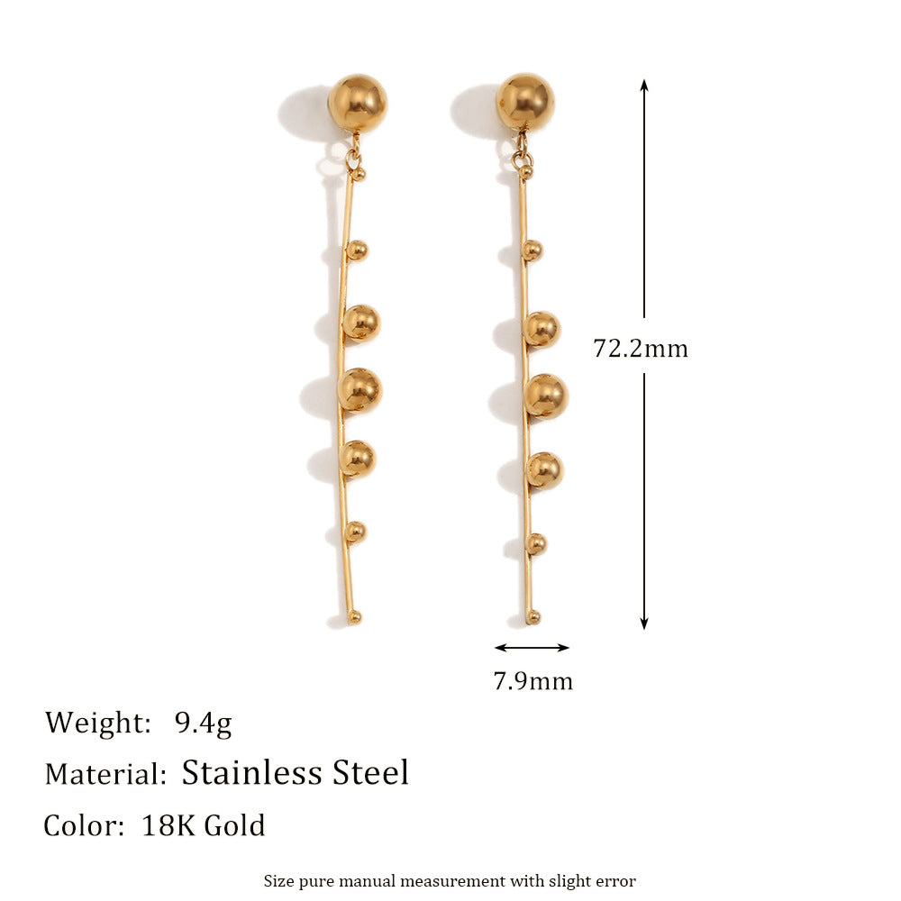 Fashionable Geometric Stainless Steel Earrings with 18K Gold Plating, Beaded Tassel Studs for Women