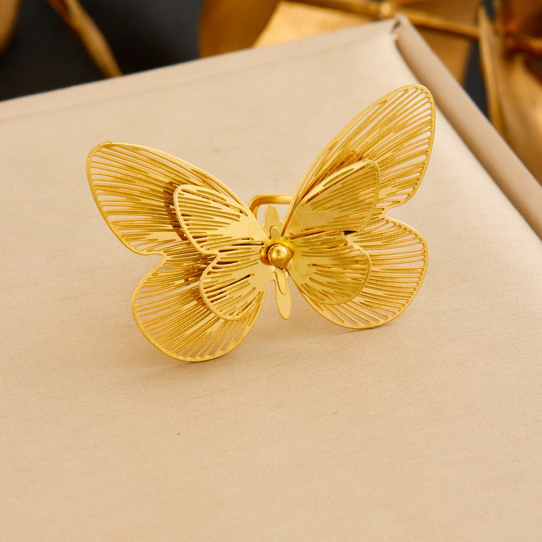 Gold Plated Stainless Steel Hollow Layered Flower Butterfly Ring for Women