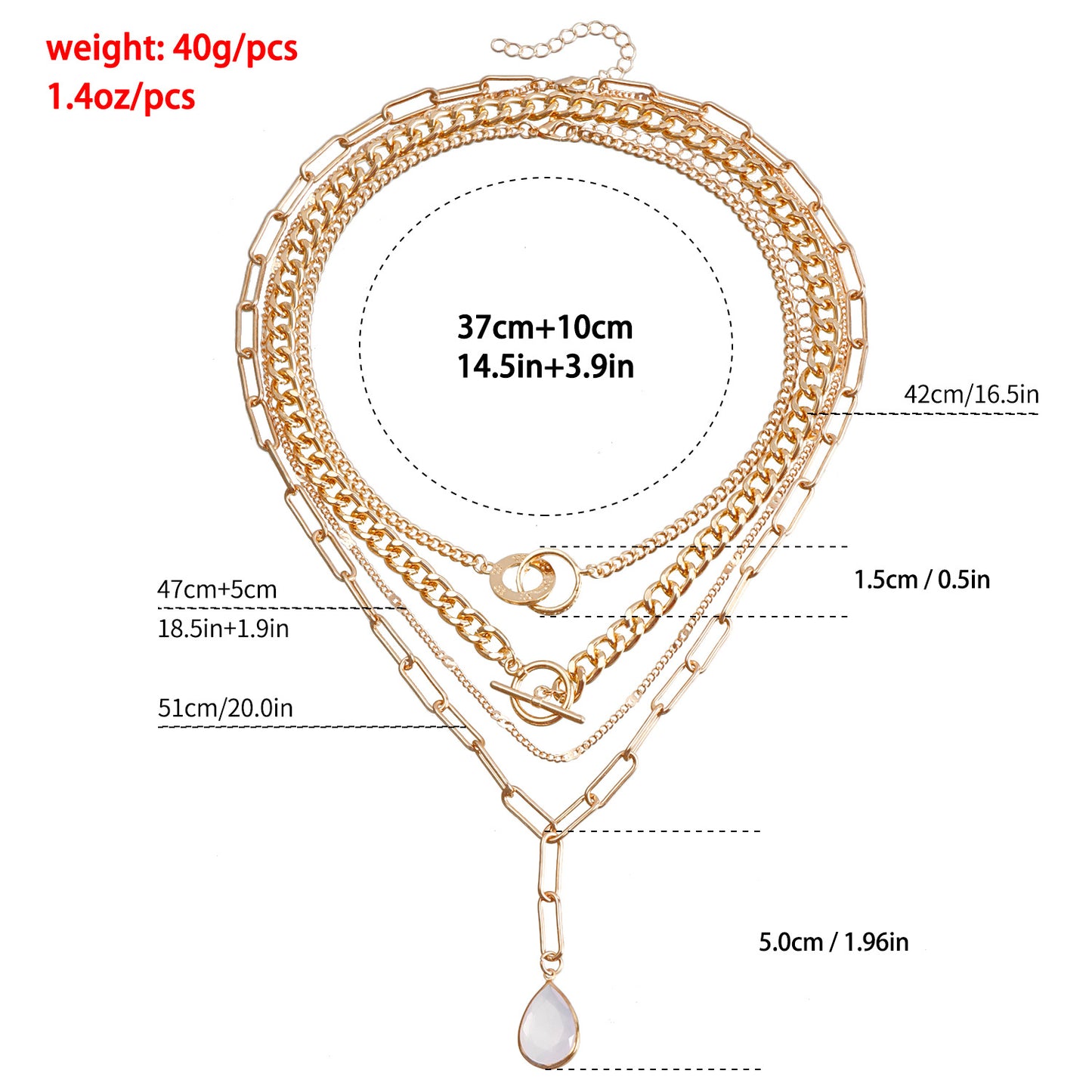 Punk Style Geometric Drop-Shaped Acrylic Rhinestone Pendant Necklace with Multi-Layer Metal Chain and Plated Finish