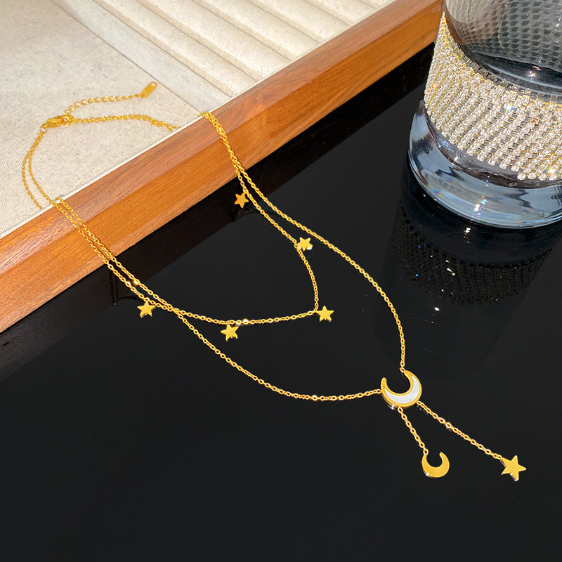 Elegant Minimalist Star Moon Titanium Steel Plated Layered Tassel Necklace for Women