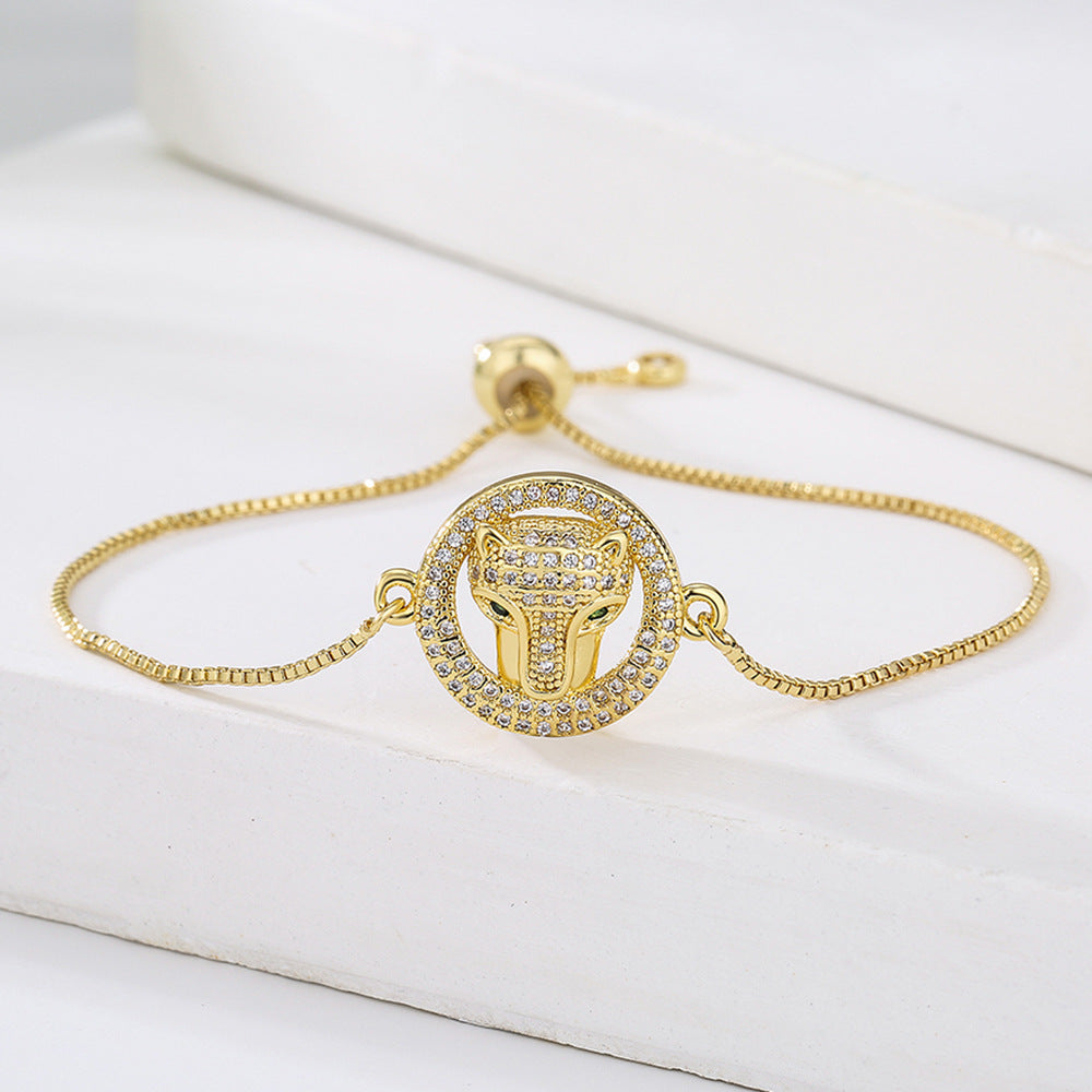 Minimalist Geometric Leopard Head Hand Chain for Women in Brass with Real Gold Plating and Zircon Inlay