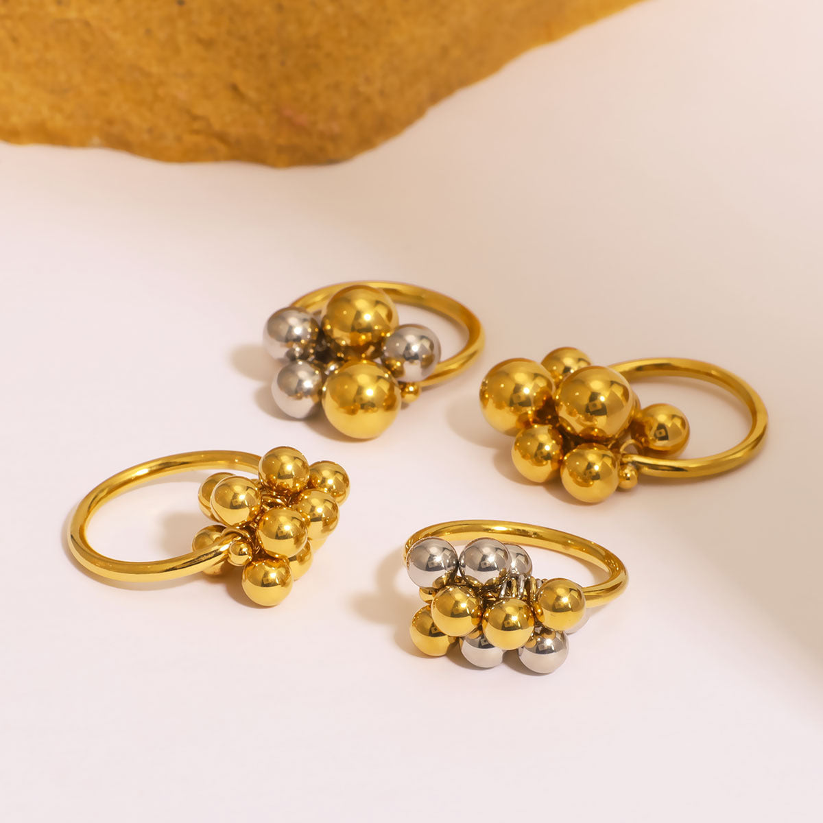 Minimalist Geometric Stainless Steel Ring with Asymmetrical Grape Cluster Design and 18K Gold Plating for Women