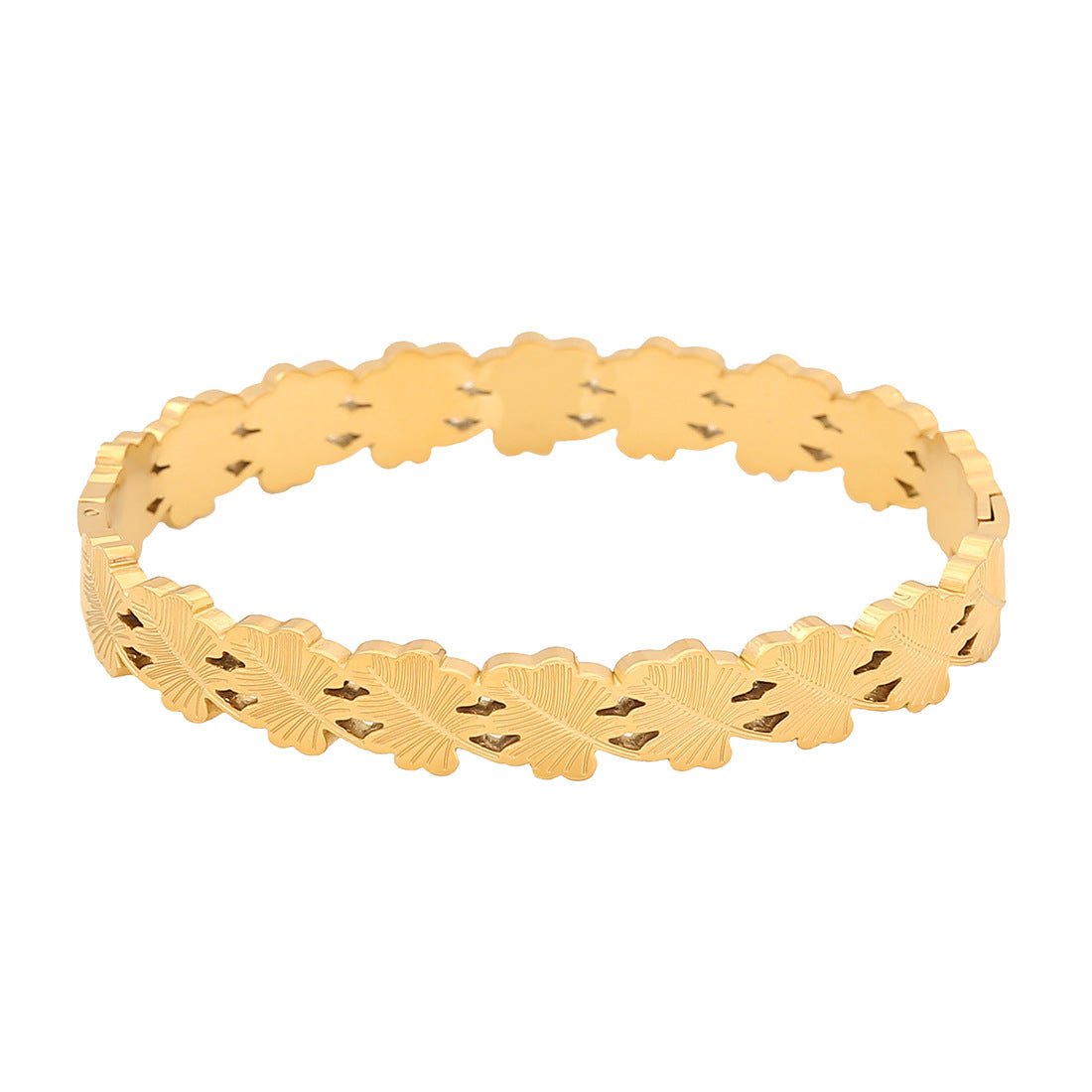 Geometric Line Stainless Steel Bracelet with Gold-Plated Leaf Charm for Women
