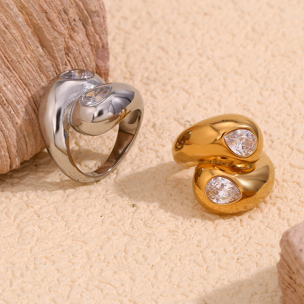 Minimalist Geometric Stainless Steel Plated 18K Gold Double-Head Zircon Snake Ring for Women