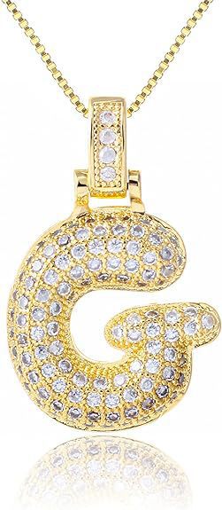 14K Gold Plated Brass Letter Pendant Necklace with Cubic Zirconia Inlay Box Chain for Women