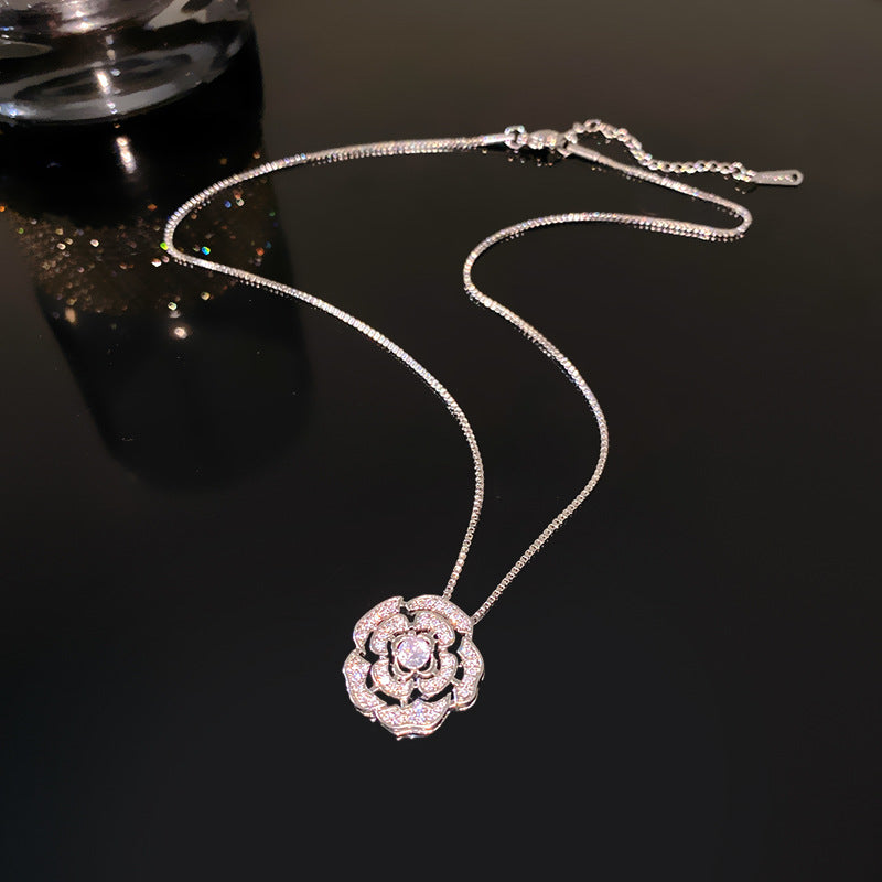Minimalist Sweet Rhinestone Camellia Flower Titanium Steel Necklace with Brass Pendant for Unisex