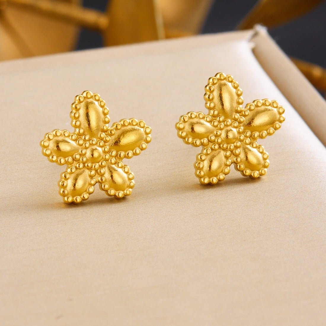 Minimalist Sweet Gold Plated Stainless Steel Floral Pendant Necklace and Earring Set for Women
