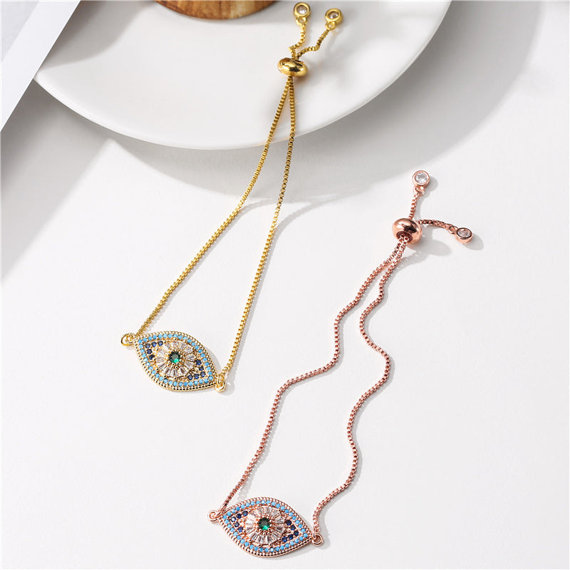 Minimalist Geometric Eye Brass Box Chain Bracelet with Micro-Inlaid Colorful Cubic Zirconia Adjustable Drawstring