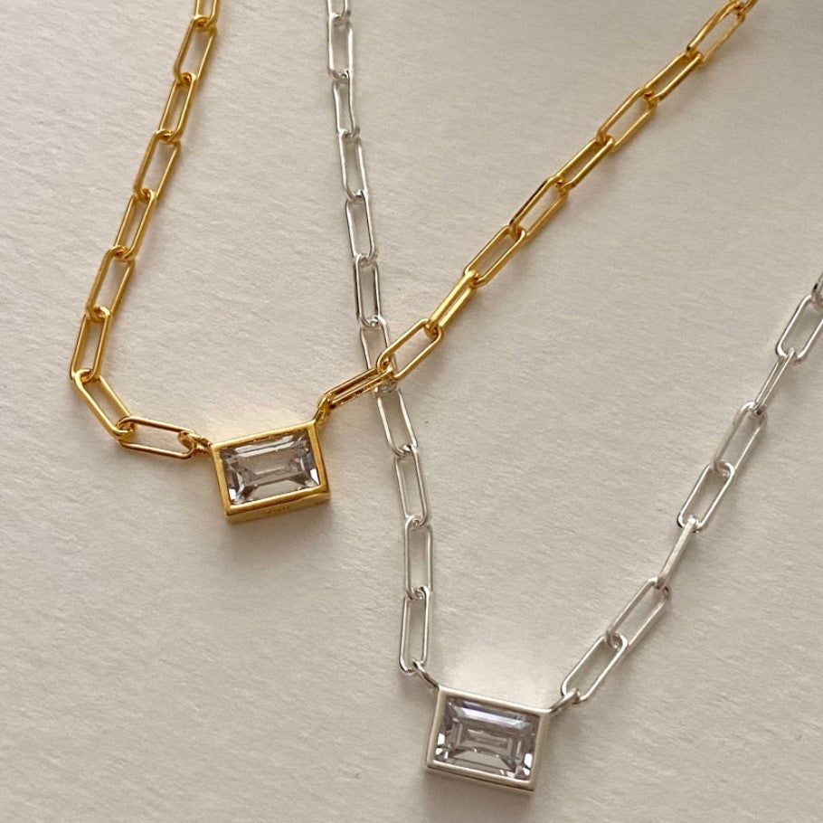 Minimalist Geometric Square Pendant Necklace for Women in 925 Sterling Silver with White Rhinestones