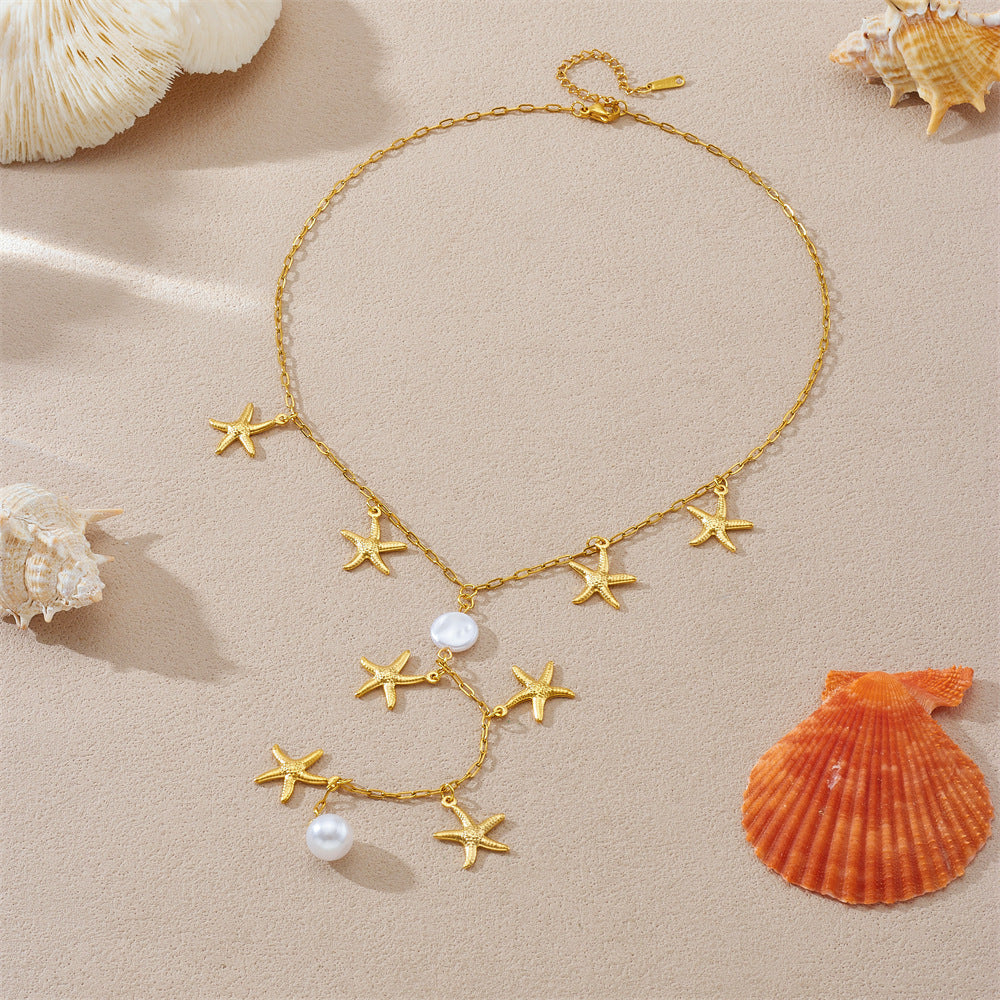 Minimalist Elegant Gold Plated Stainless Steel Star Pearl Y-Chain Tassel Necklace for Women