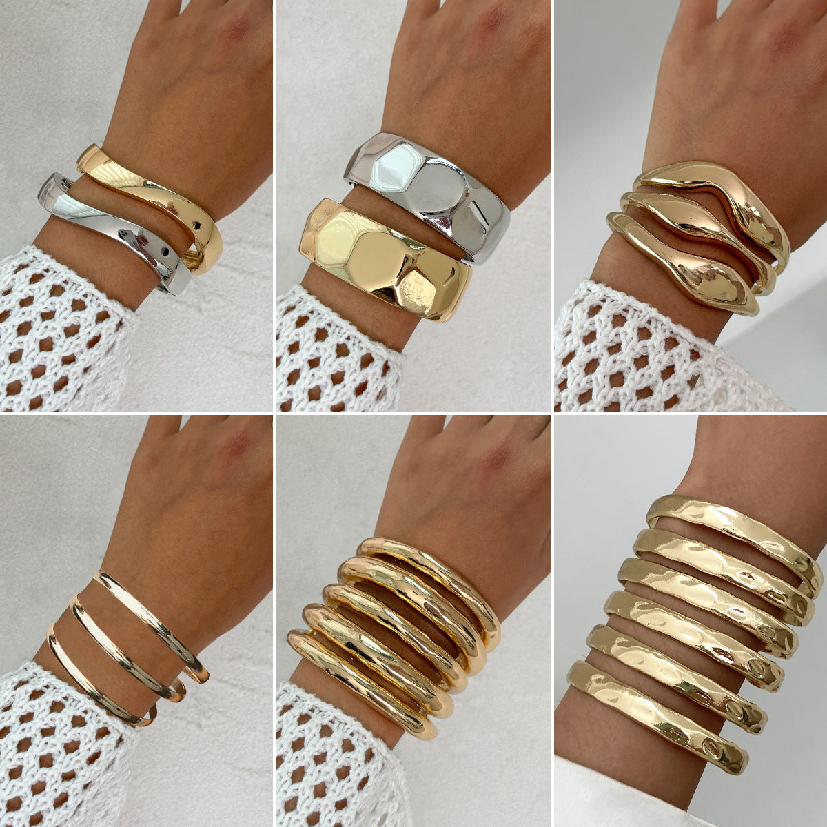 Pulsera minimalista geométrica de aleación para mujer con textura líquida martillada y acabado pulido chapado