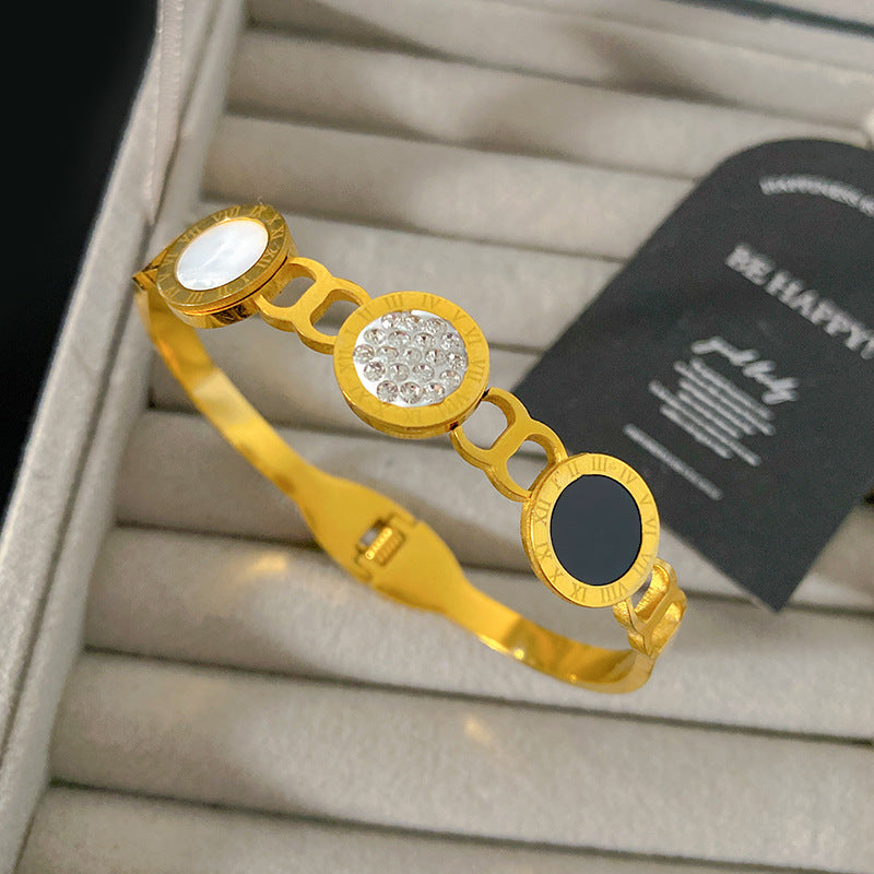 Minimalist Vintage Roman Number Micro-Paved Cubic Zirconia Titanium Steel Bracelet PVD Plated