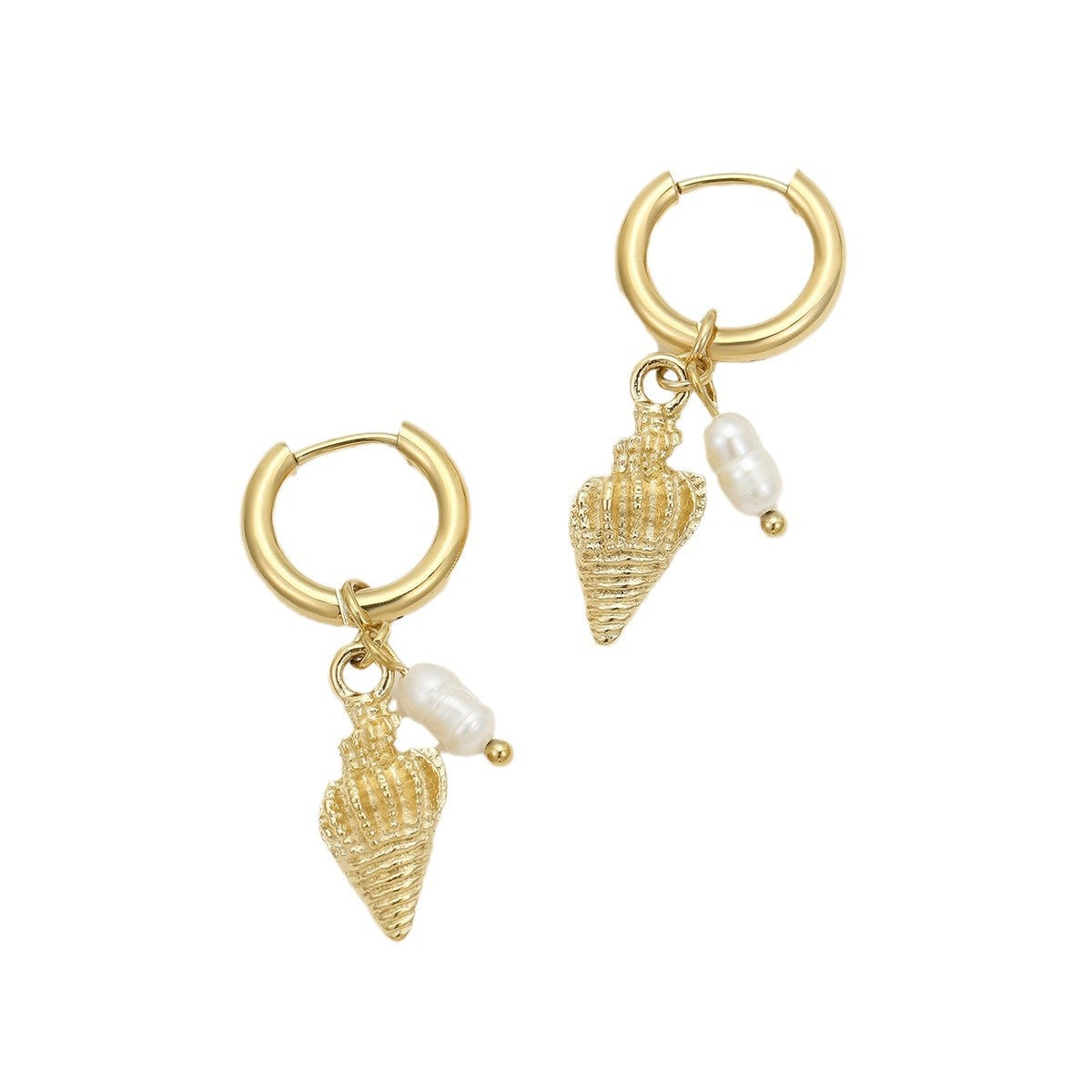 Pendientes vintage de acero de titanio con forma de concha y perlas incrustadas para mujer, aros de acero inoxidable chapados con estética minimalista de lujo