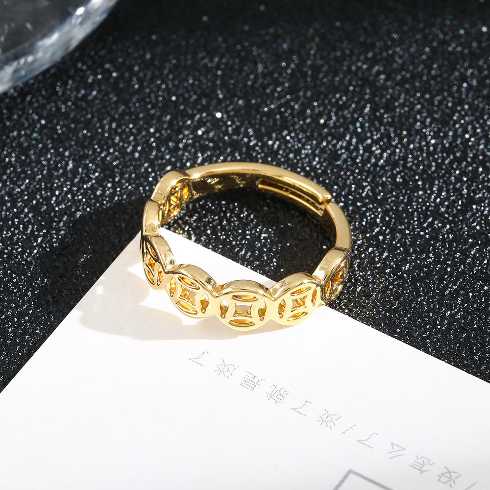 Anello a Fascia Aperta Regolabile in Rame con Placcatura in Oro 18K ad Alta Ritenzione del Colore, Design a Moneta che Preserva la Ricchezza, Anello di Moda Unisex
