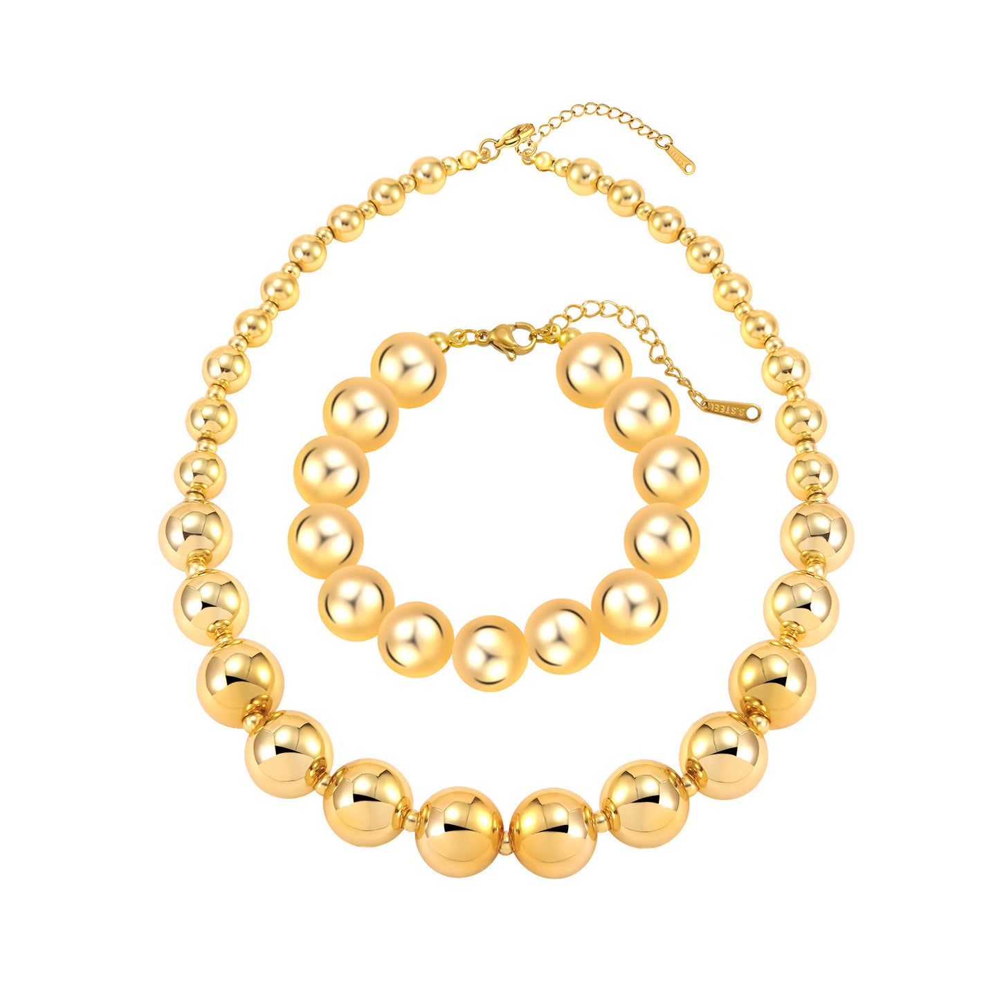 Hip-hop Punk Geometric Round Ball Chain Stainless Steel Necklace and Bracelet Set