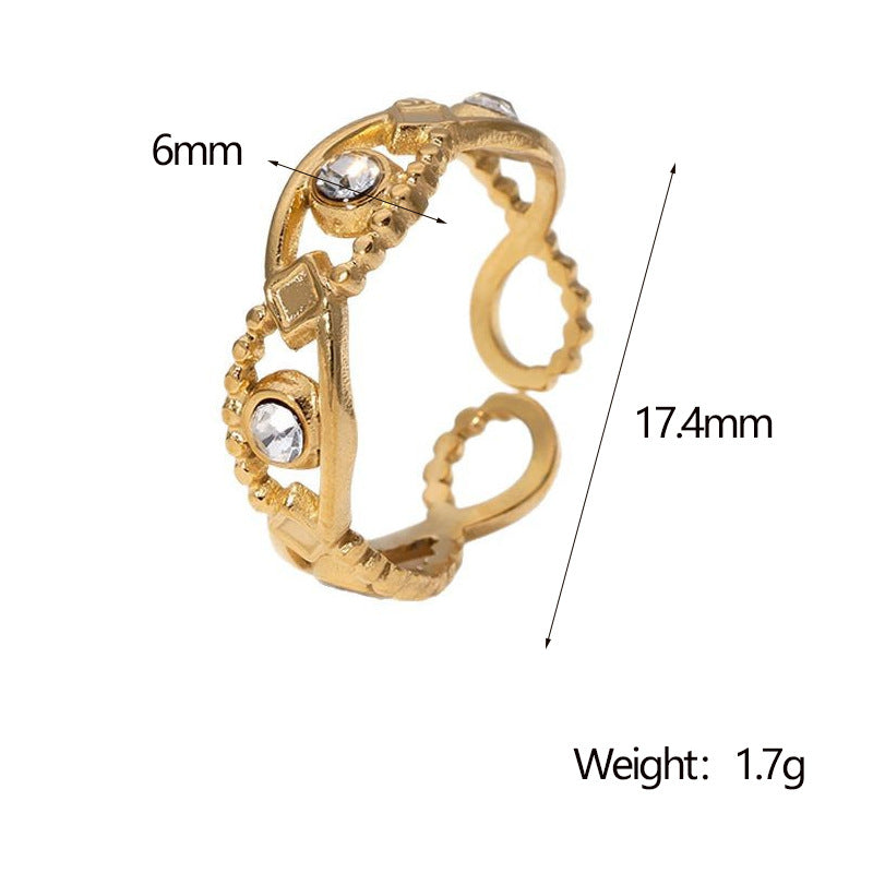 Minimalist Elegant Open-Style Eye-Shaped Rhinestone-Set Gold-Plated Stainless Steel Ring for Women