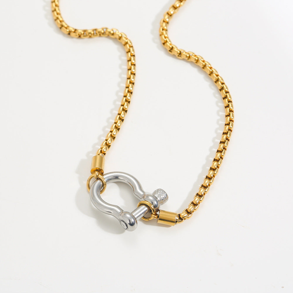 Minimalist Geometric Carabiner Necklace in Stainless Steel with 18K Gold Plating on Pearl Chain for Women