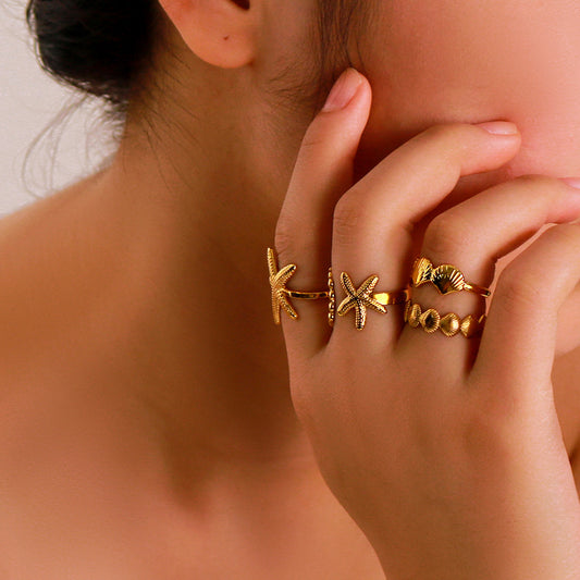 INS Style Starfish Shaped Beach Shell Texture Stainless Steel Ring with Vacuum 18K Gold Plating for Unisex