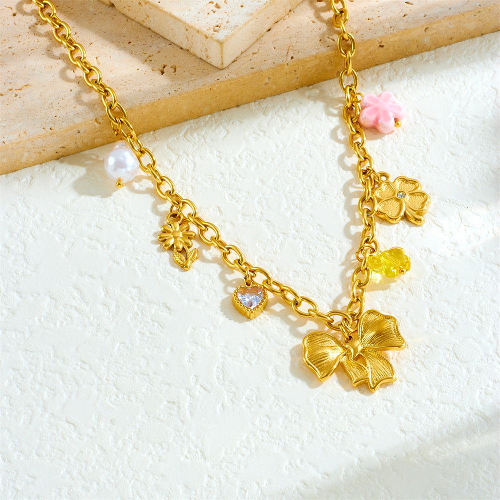 French Vintage Heart Floral Pearl Gemstone Plated Stainless Steel Curb Chain Necklace for Women