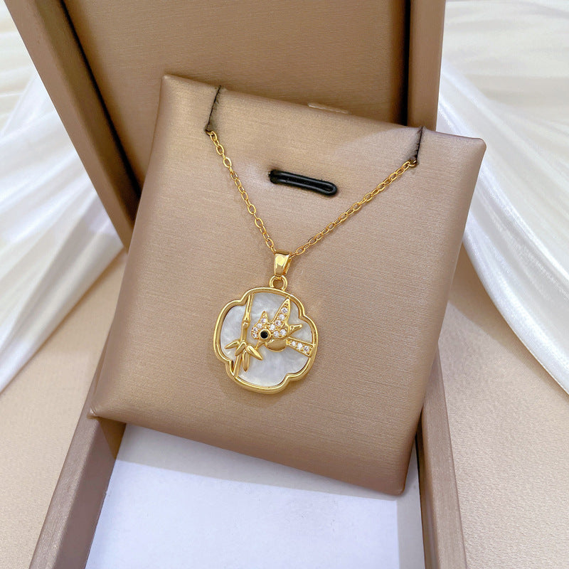 Minimalist Shell and Woodpecker Pendant Necklace in Titanium Steel with Rhinestone Inlay for Women and Men