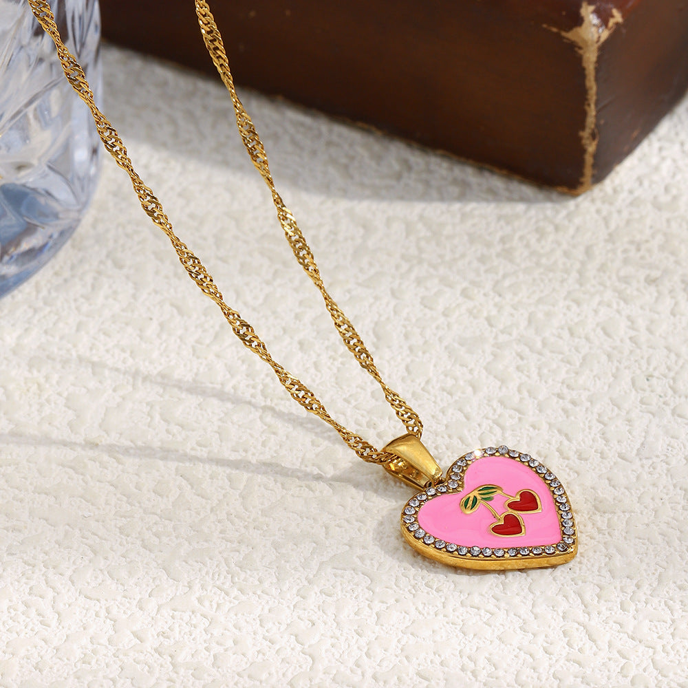 Luxury French-Inspired Cherry Heart Pendant Necklace in Stainless Steel with 18K Gold Plating and Enamel Finish