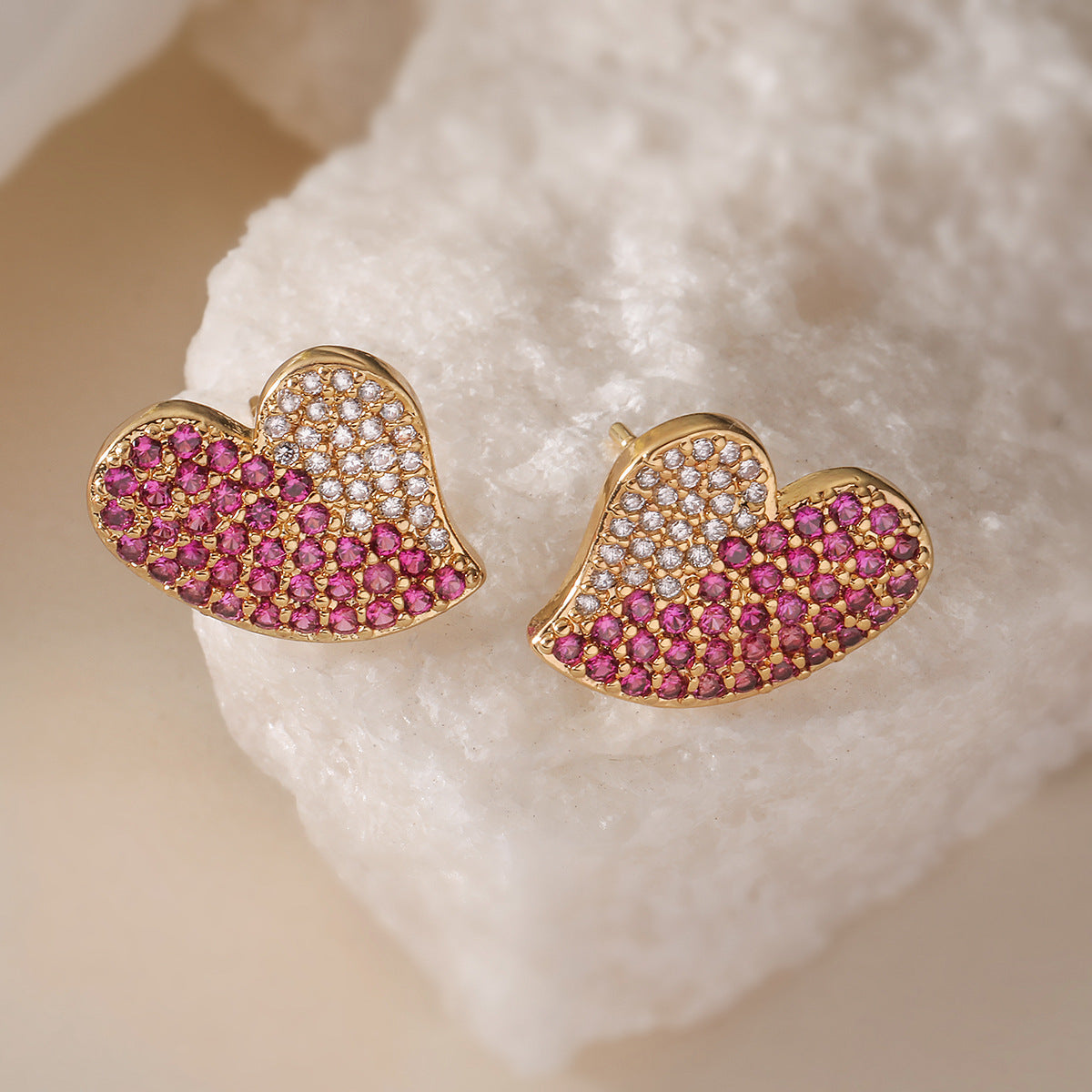 Minimalist Heart-Shaped Copper Earrings with 18K Gold Plating and Micro-Paved Zirconia for Women
