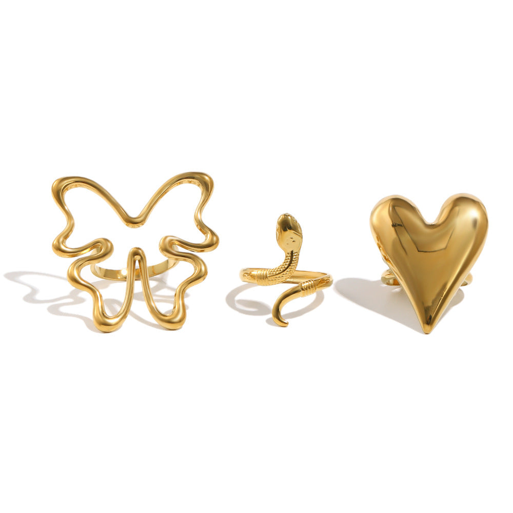 Anello Minimalista a Cuore in Acciaio Inossidabile con Placcatura in Oro 18K, Sottile Fascia a Serpente, Anello Aperto Regolabile da Donna
