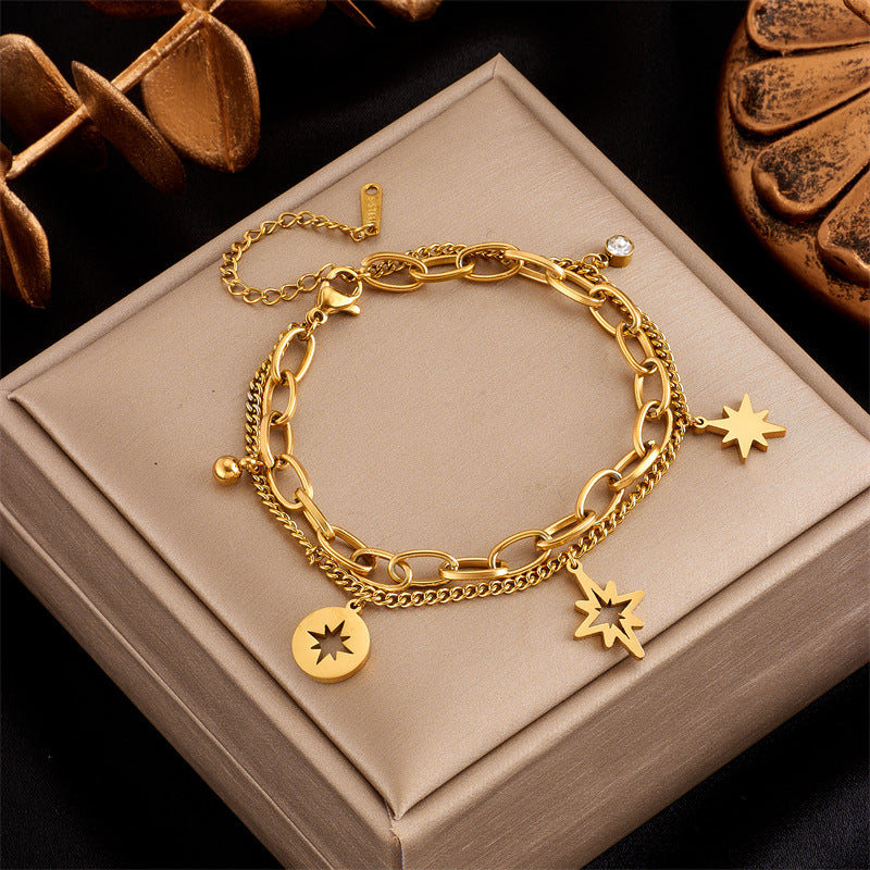 Bracciale da donna in acciaio al titanio a doppio strato con esagramma cavo in stile vintage e strass