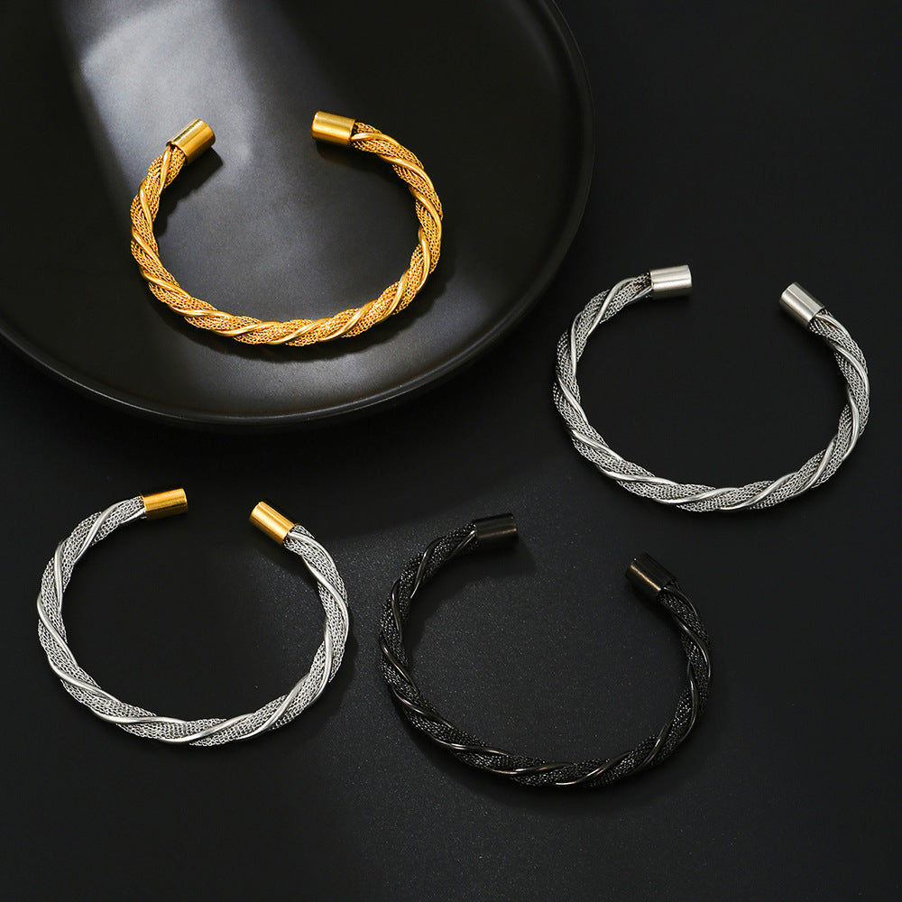 Adjustable Open-End Round Geometric Titanium Steel Stainless Steel Bracelet with Wire Winding Design