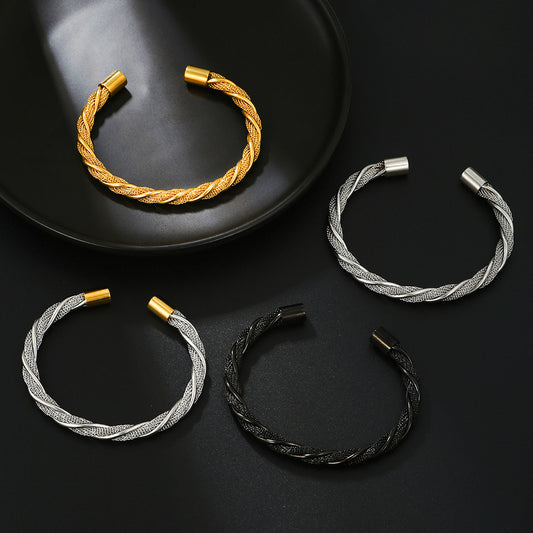 Adjustable Open-End Round Geometric Titanium Steel Stainless Steel Bracelet with Wire Winding Design