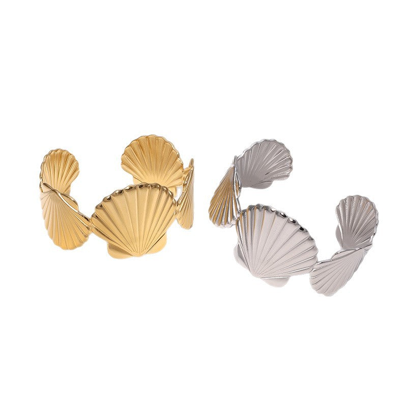 Minimalist Stainless Steel Wide Scallop Open Cuff Bracelet for Women