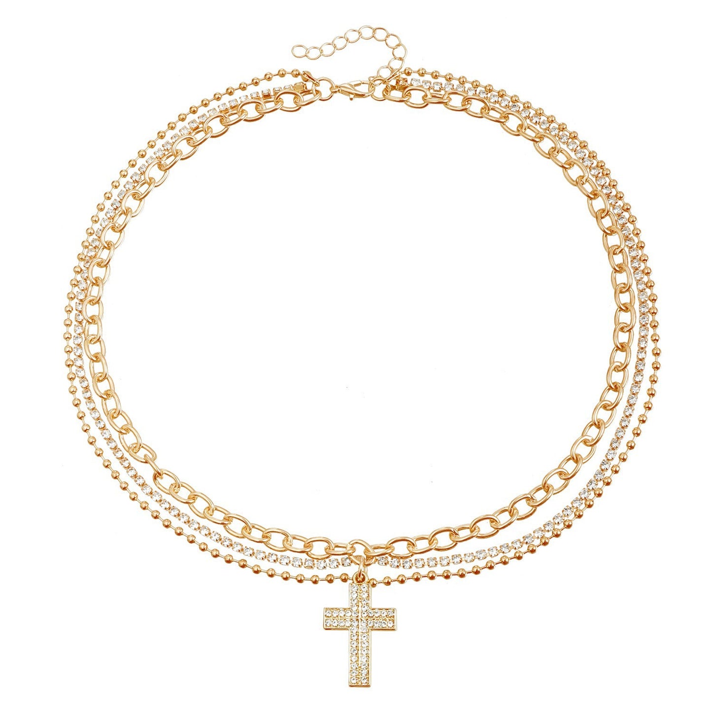 Collar colgante de cruz geométrica de inspiración vintage para mujer con cuerpo de aleación y chapado en rodio, estilo cadena de clavícula