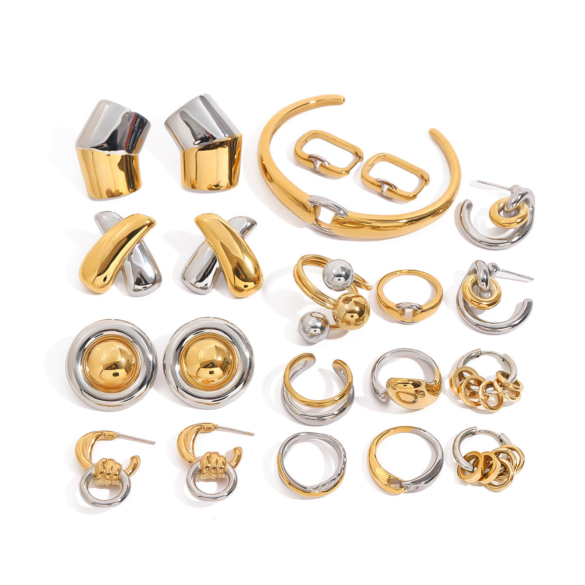 Set di anello, orecchini a lobo e bracciale regolabile placcati in acciaio inossidabile geometrico all'avanguardia con catena di perline