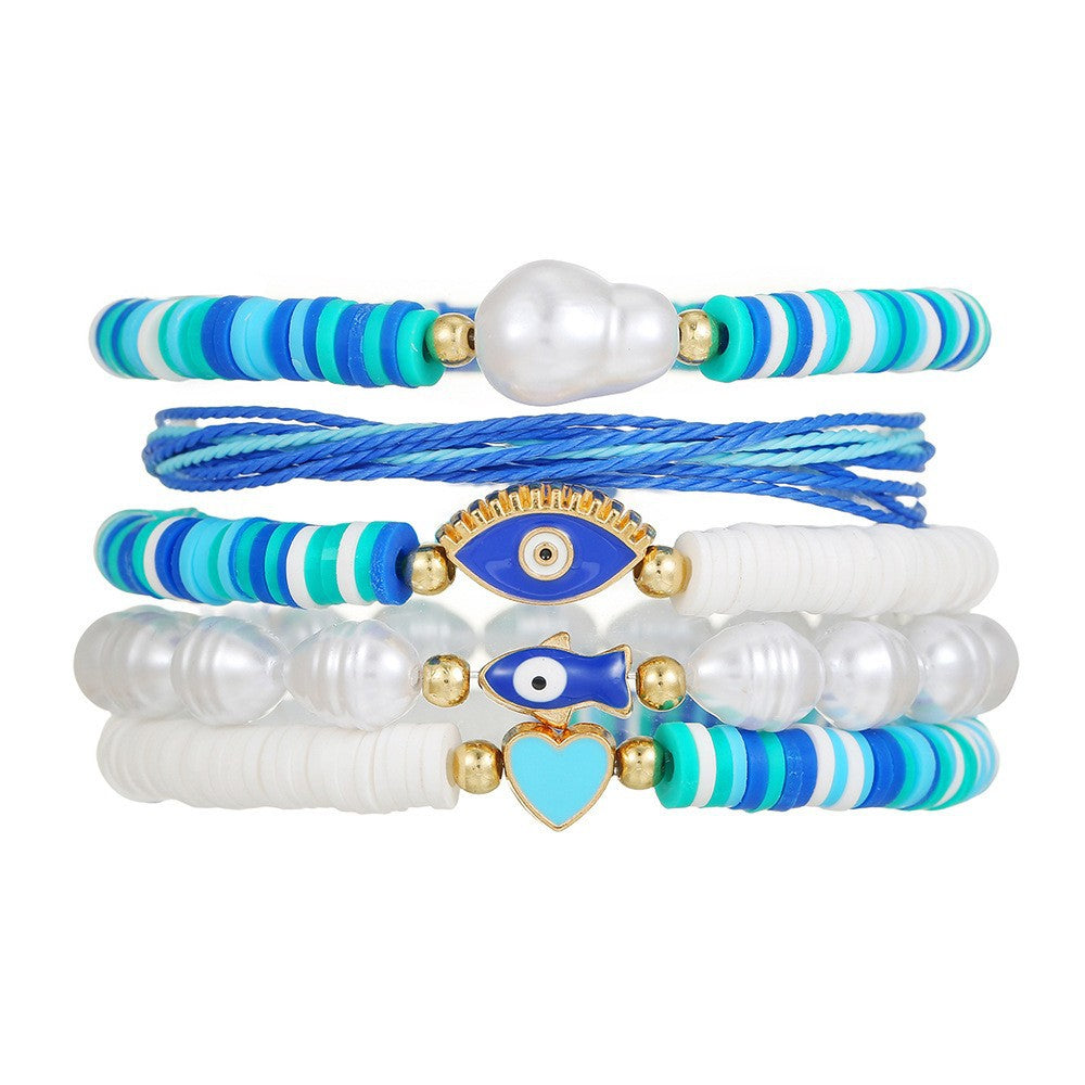 Sweet Geometric Heart Ceramic Imitation Pearl Glass Crystal Beaded Bracelet