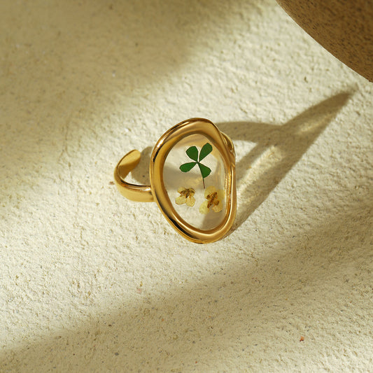 Minimalist Four-Leaf Clover Stainless Steel Ring for Women with Plated Finish and Open Band Design