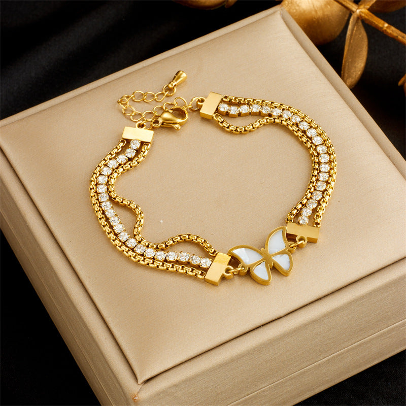Vintage-Style Butterfly-Shaped Stainless Steel Bracelet with Rhinestone Inlay and Multi-Layer Chain Design for Women