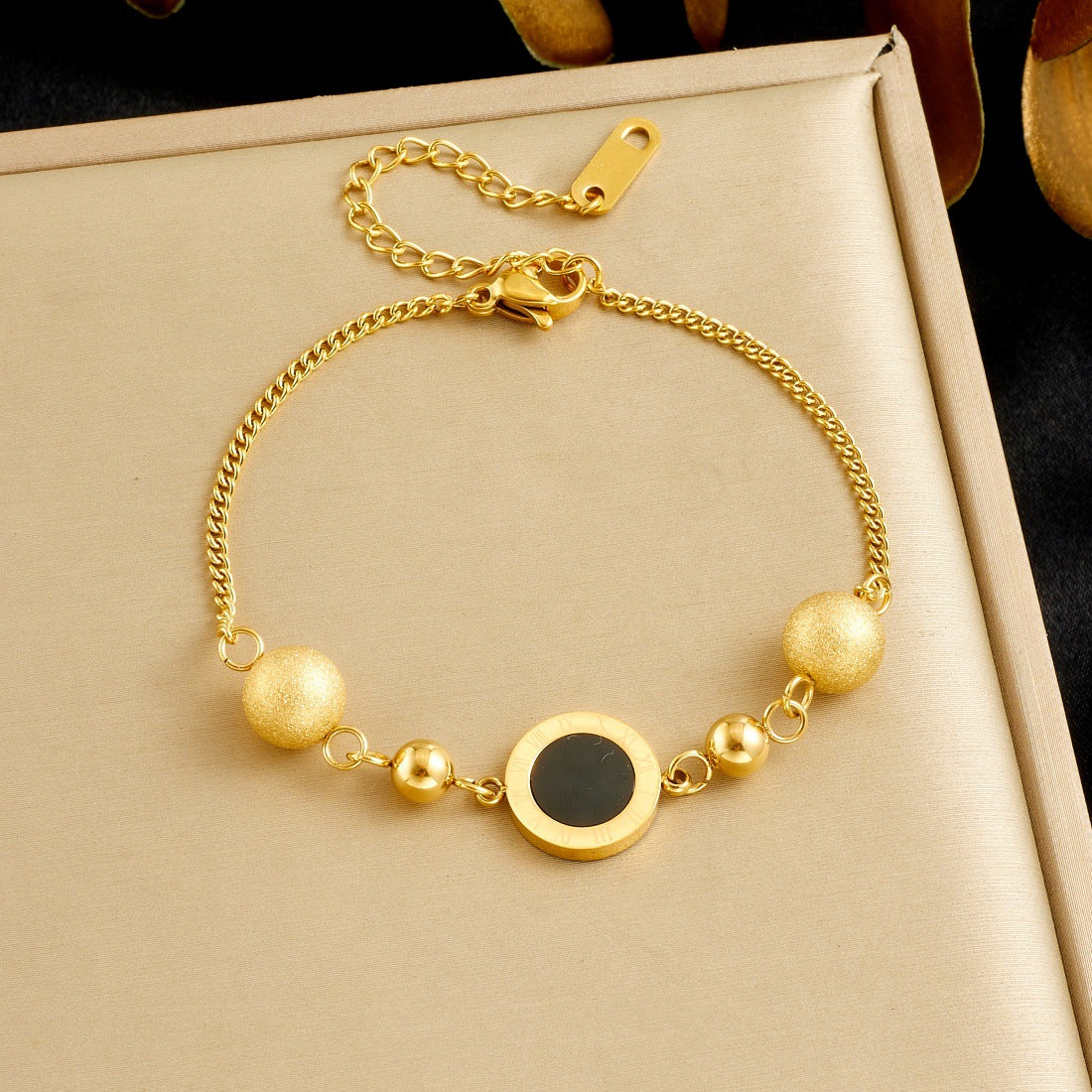 Vintage Gold Plated Stainless Steel Round Geometric Roman Numeral Bracelet for Women