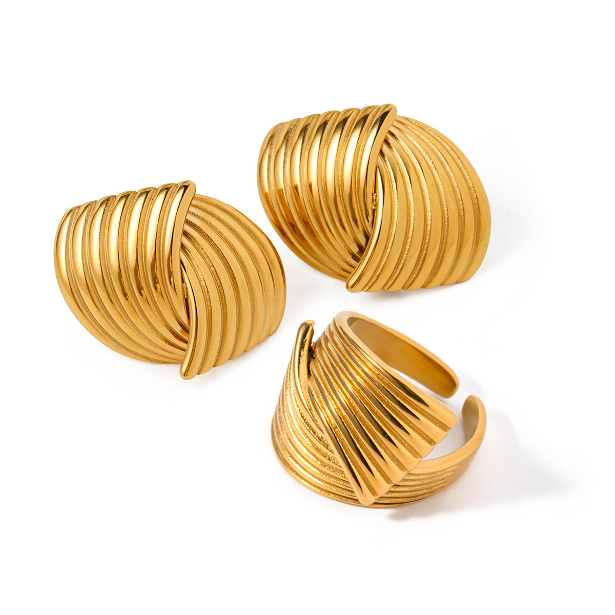Minimalist Geometric Stainless Steel Ring with 18K Gold Plating and Woven Texture for Women